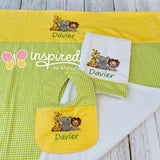 Fox and Sloth Themed Baby Bag, Diaper Changing Pad, Wipes Clutch, Baby Blanket, Burp Cloth and Bib for Boy