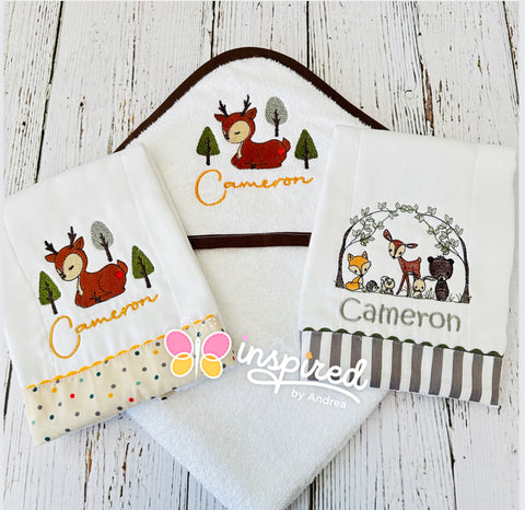 Forest Themed Hooded Towel and Two Burp Cloth