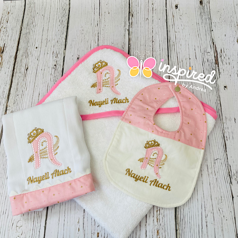 Monogram Crown Hooded Towel, Burp Cloth and Bib