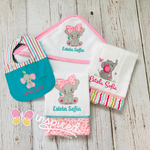 Girly Elephant Themed Hooded Towel, Burp Cloths and Bib Set