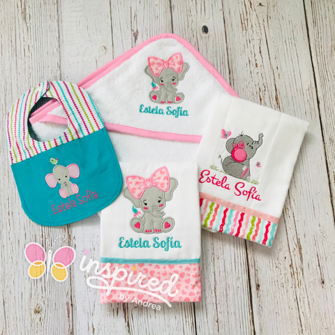 Girly Elephant Themed Hooded Towel, Burp Cloths and Bib Set