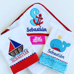 Nautical Themed Hooded Towel and Two Burp Cloths.