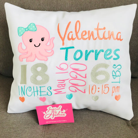 Octopus Birth Announcement Pillow