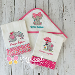 Girly Elephant Themed Hooded Towel and Two Burp Cloths.