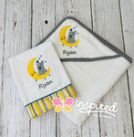 Elephant on the Moon Themed Hooded Towel and One Burp Cloth.