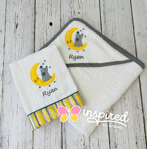 Elephant on the Moon Themed Hooded Towel and One Burp Cloth.