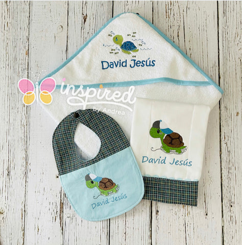 Turtle Themed Hooded Towel, Burp Cloth and Bib for Boy