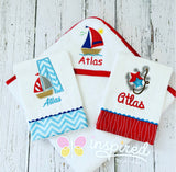Nautical Themed Hooded Towel and Two Burp Cloths.