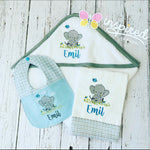 Elephant Themed Hooded Towel, Burp Cloth and Bib for Boy