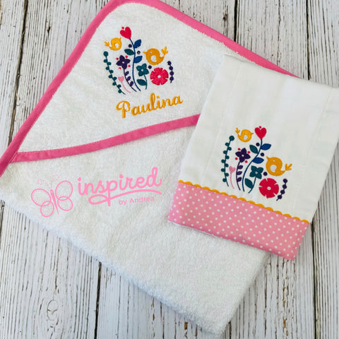 Birds and Flowers Hooded Towel and Burp Cloth Set