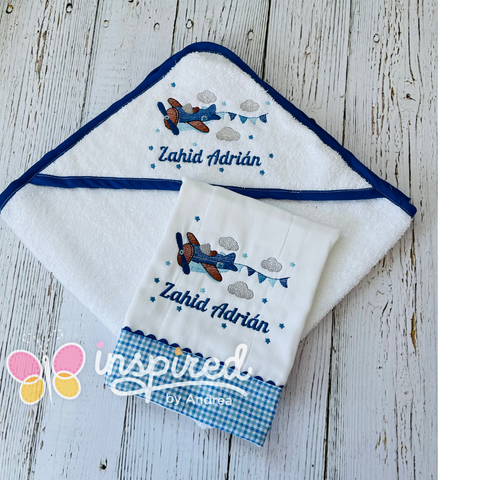 Airplane Themed Hooded Towel and One Burp Cloth.