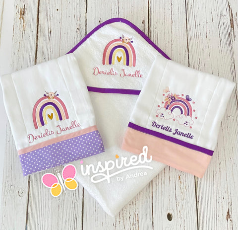 Boho Themed Hooded Towel and Two Burp Cloths 2