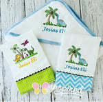 Dinosaur Themed Hooded Towel and Two Burp Cloths.