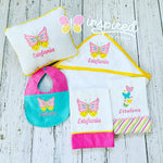 Butterfly Themed Hooded Towel, Burp Cloths, Bib, and Small Pillow Set