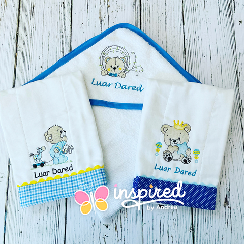 Baby Boy Teddy Themed Hooded Towel and Two Burp Cloths.