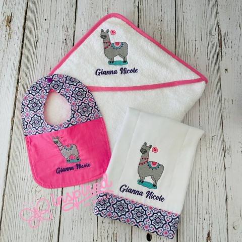Llama Themed Hooded Towel, Burp Cloth and Bib