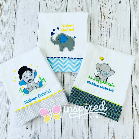 Set of 3 Elephant Baby Boy Themed Burp Cloths