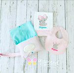 Elephant Themed Burp Cloth, Bib and Wipes Bag Clutch .