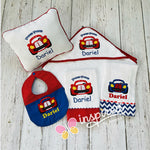 Race Car Themed Hooded Towel, Burp Cloths, Bib, and Small Pillow Set