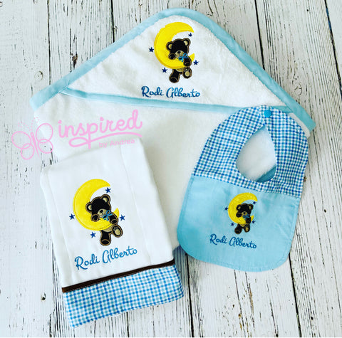 Bear in the Moon Themed Hooded Towel, Burp Cloth and Bib
