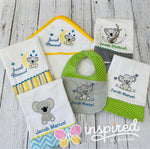 Koala Themed Hooded Towel, Four Burp Cloths and Bib Set